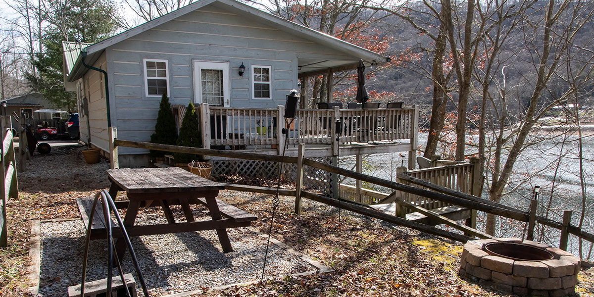 cabin exterior and grounds and lake